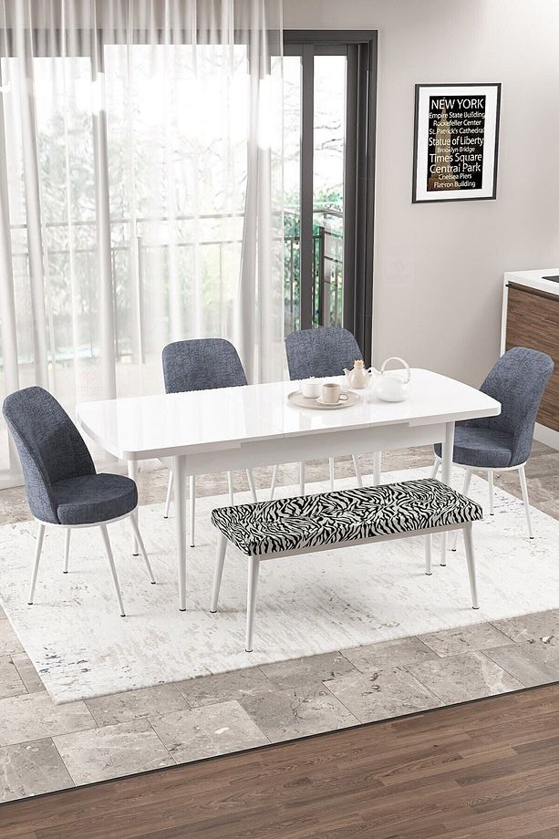 Via Serisi Açılabilir Mutfak Masası Takımı Beyaz Masa 4 Füme Sandalye 1 Zebra Desen Bench - 2