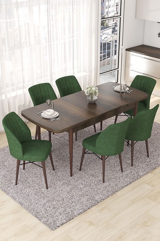 Nef Serisi 70x114 Açılabilir Mdf Barok Ahşap Desen Masa Takımı Ve 6 Haki Yeşil Sandalye - 2