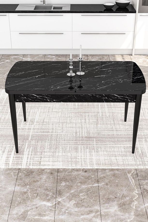 Via Serisi Açılabilir Mutfak Masası Takımı Siyah Mermer Desen Masa 4 Siyah Sandalye 1 Zebra Bench - 3