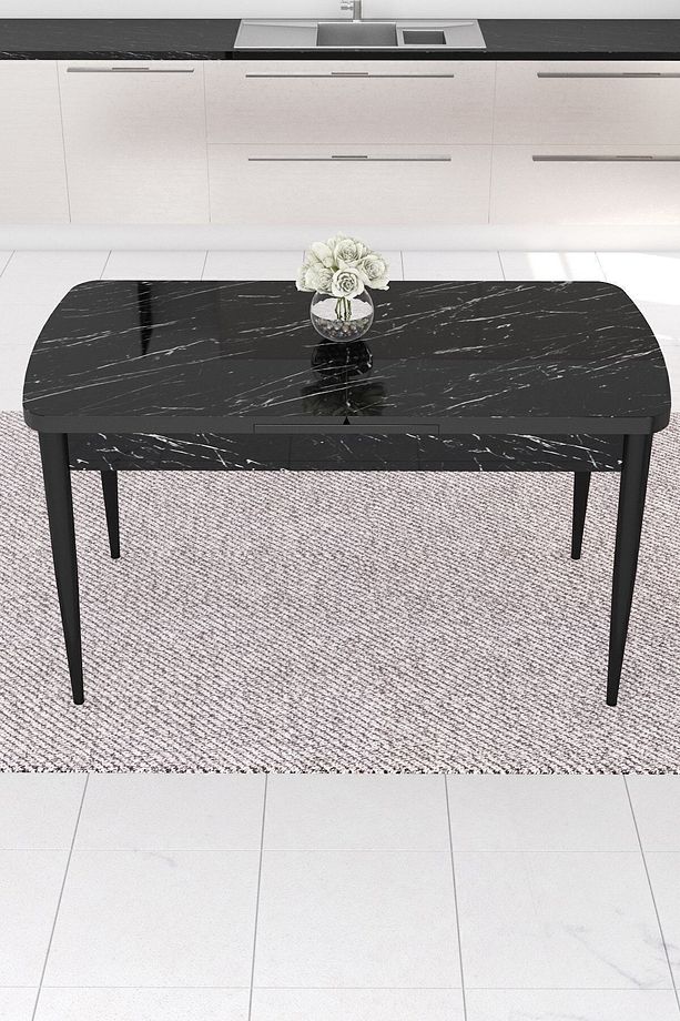 Taç Serisi Açılabilir Mutfak Masası Takımı 80x132 Siyah Mermer Desen Masa 6 Gri Sandalye - 4