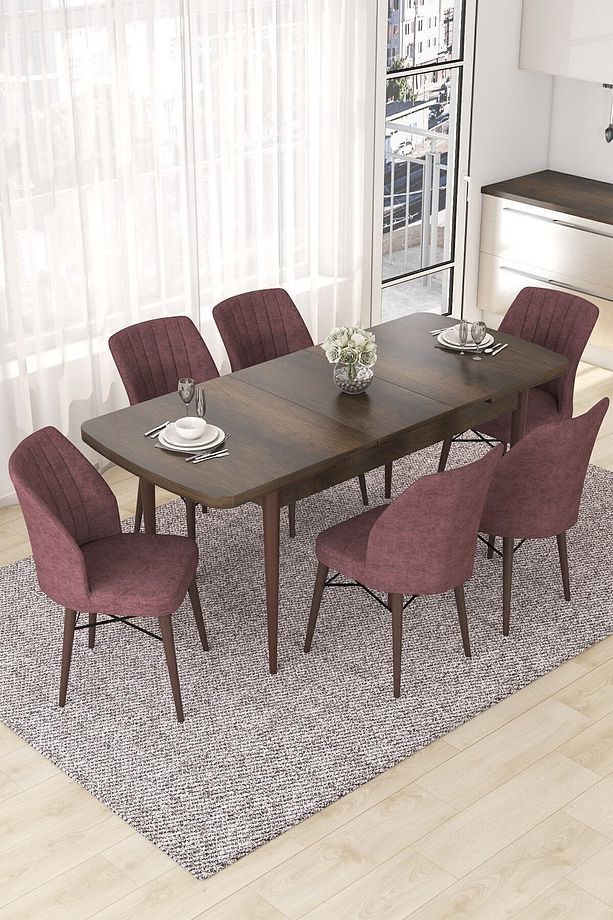 Nef Serisi 70x114 Açılabilir Mdf Barok Ahşap Desen Masa Takımı Ve 6 Gül Kurusu Sandalye - 2