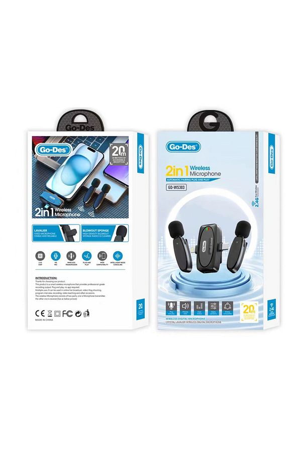 Kablosuz Yaka Mikrofonu Type-C ve Lightning Portlu Go Des GD-WS303 2in1 Siyah - 2