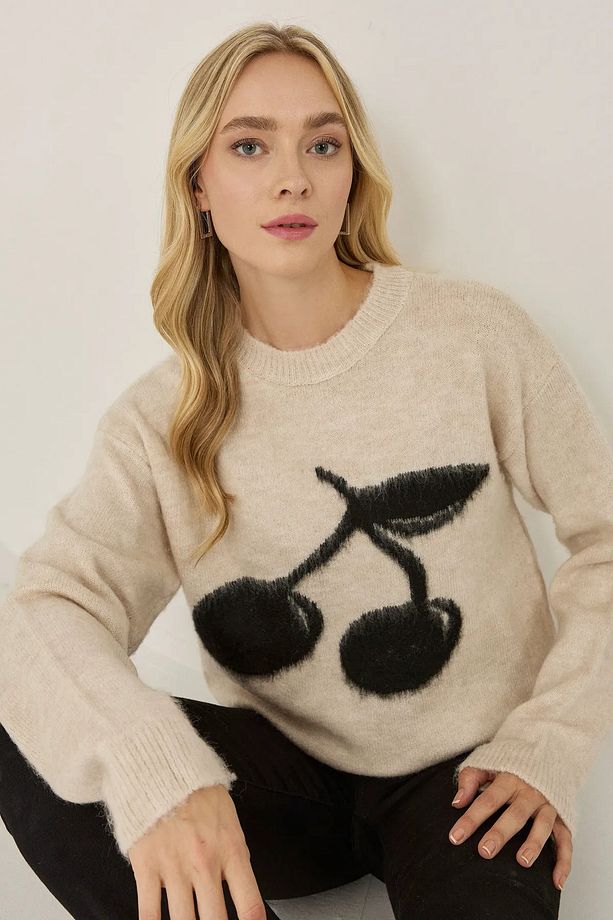 Relaxed Fit Cherry Desenli Triko Kazak - 2