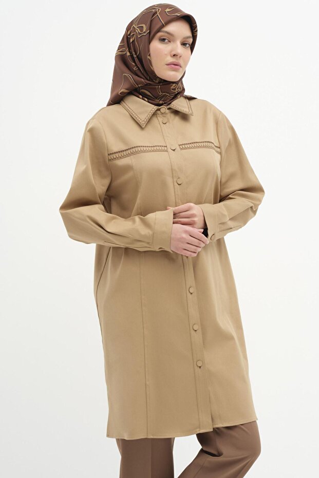 Yaka Ve Robası Nakış Detaylı Canvas Tunik - Camel - 3