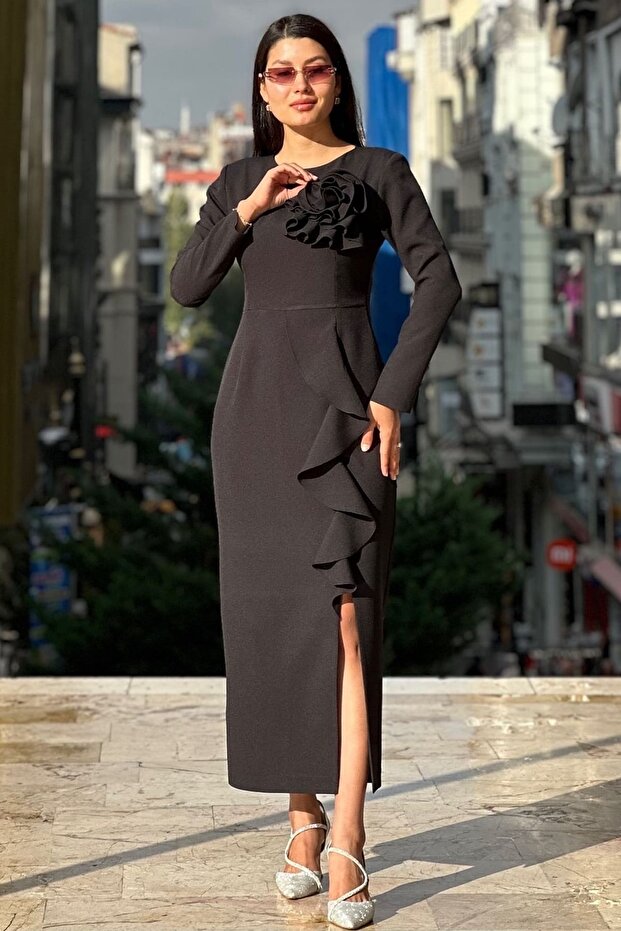 Broş çicek detaylı elbise - 1