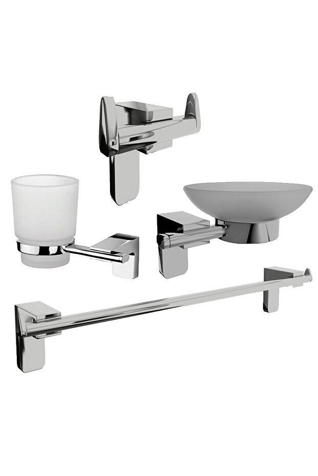 Chrome Lux 4-Piece Bathroom Set Long Towel Holder, Toothbrush Holder, Soap Dish, Robe Holder Set