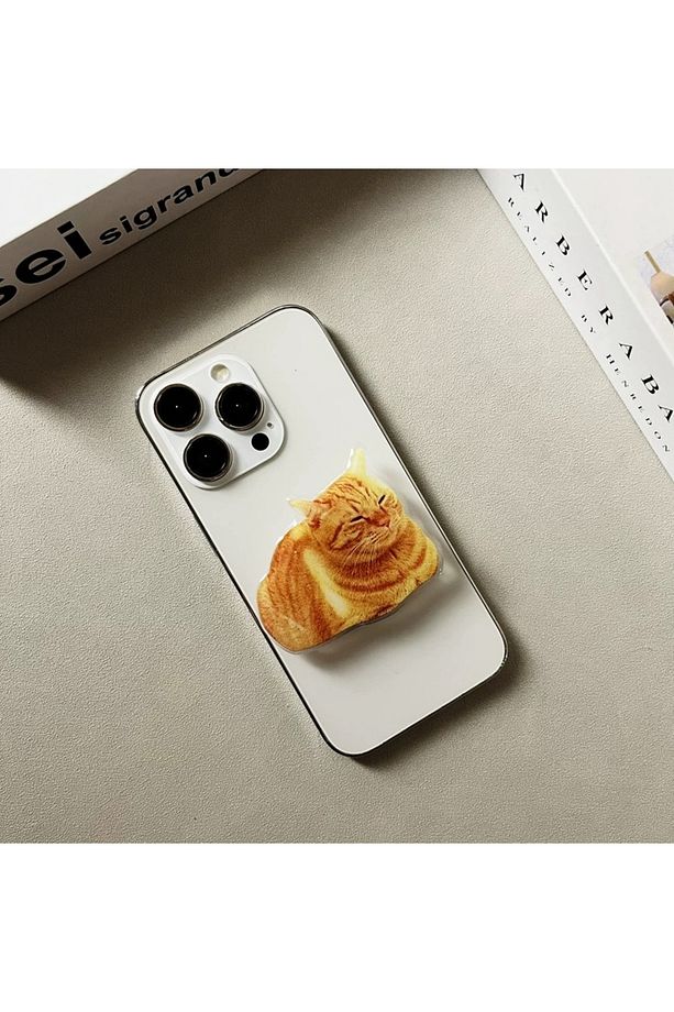 Popsocket Uykucu Sarı Kedi Telefon Tutacağı Kedi Şekilli Epoksi Yüzey Parmak Tutucu - 1