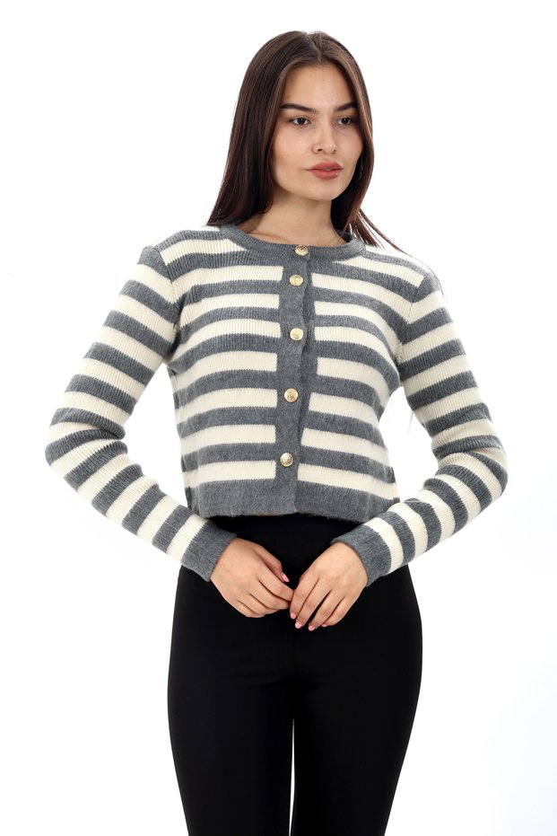 Women's Gray Cardigan Crew Neck, Gold Button Detail, Stylish Striped Cardigan