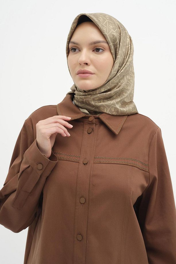 Yaka Ve Robası Nakış Detaylı Canvas Tunik - Kahve - 4