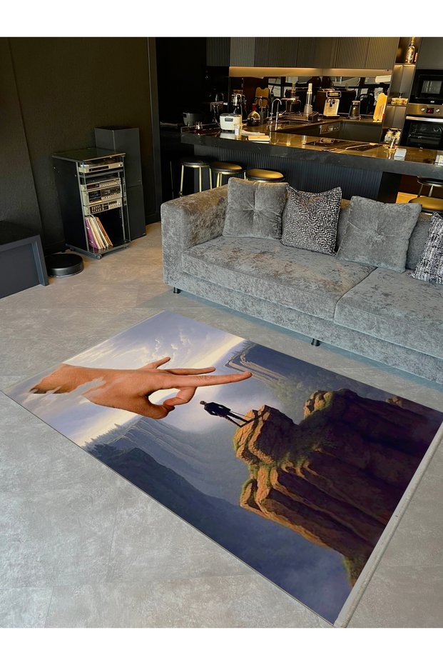 Özge Collection Artistic Design Hand Detailed Lonely Man at the Summit Woven Base Decorative Carpet Ozge02