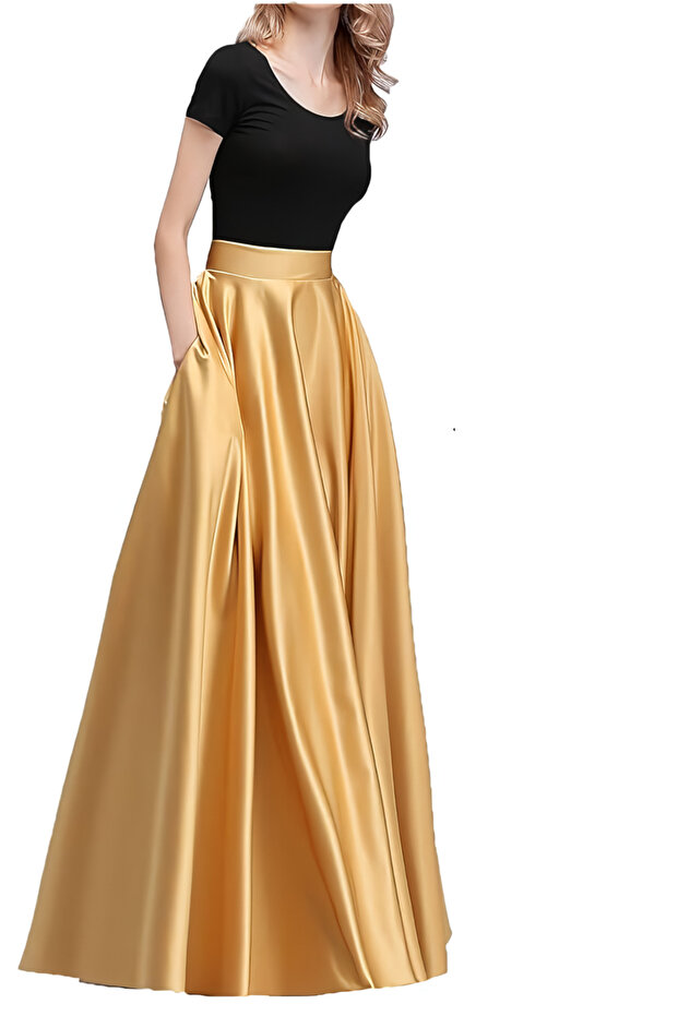 Gold Satin Skirt with High Waist Dense Kilos Pockets