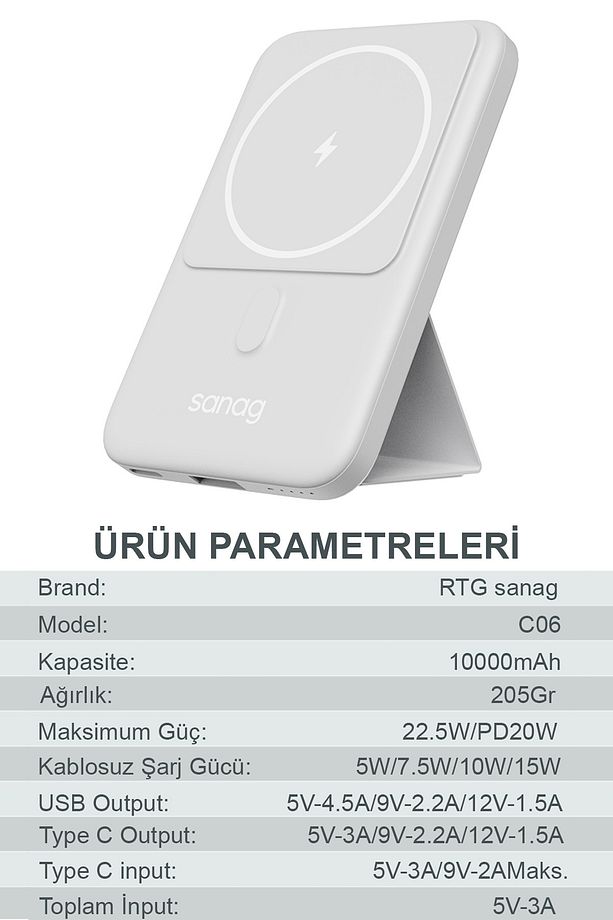 Sanag C06 Magsafe Powerbank 10000mah Standlı Hızlı Taşınabilir Type-C ve USB Çıkışlı Batarya - 6