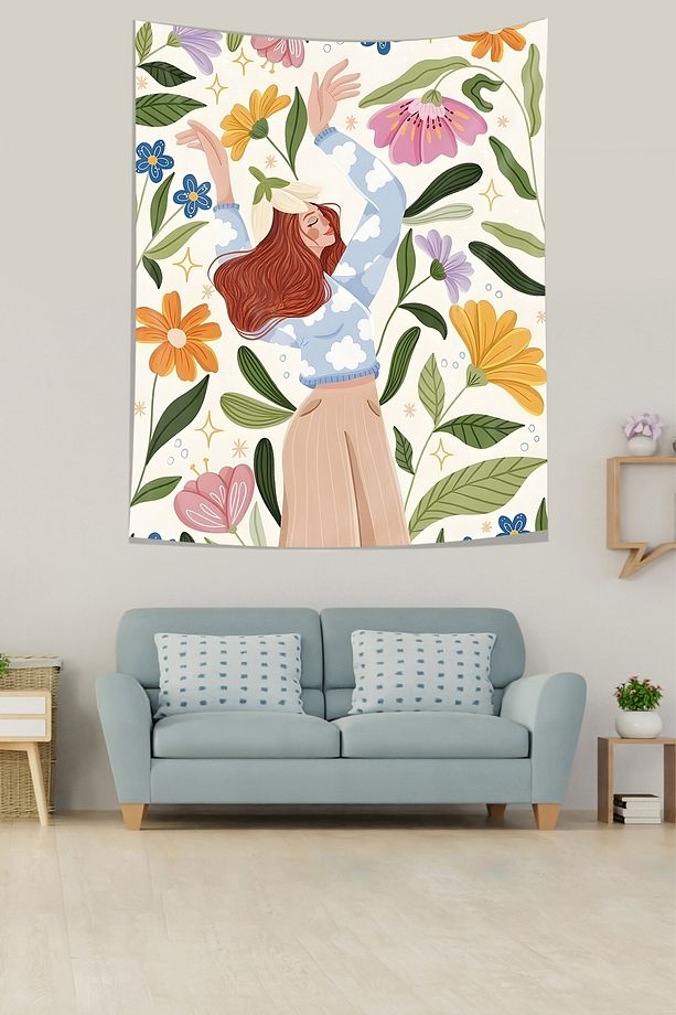 Çiçekler Arasında Denk Eden Mutlu Kadın Leke Tutmaz Kumaş Duvar Örtüsü Duvar Halısı Tapestry - 1