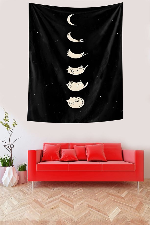 Ay Fazı Şeklinde Sevimli Kedi Leke Tutmaz Kumaş Duvar Örtüsü Duvar Halısı Tapestry - 2