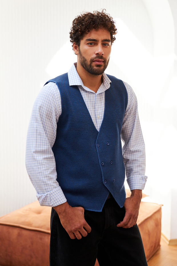 Men's Buttoned Sports / Regular Fit Knitwear Knitted Sleeveless Indigo Vest - 5013Ls