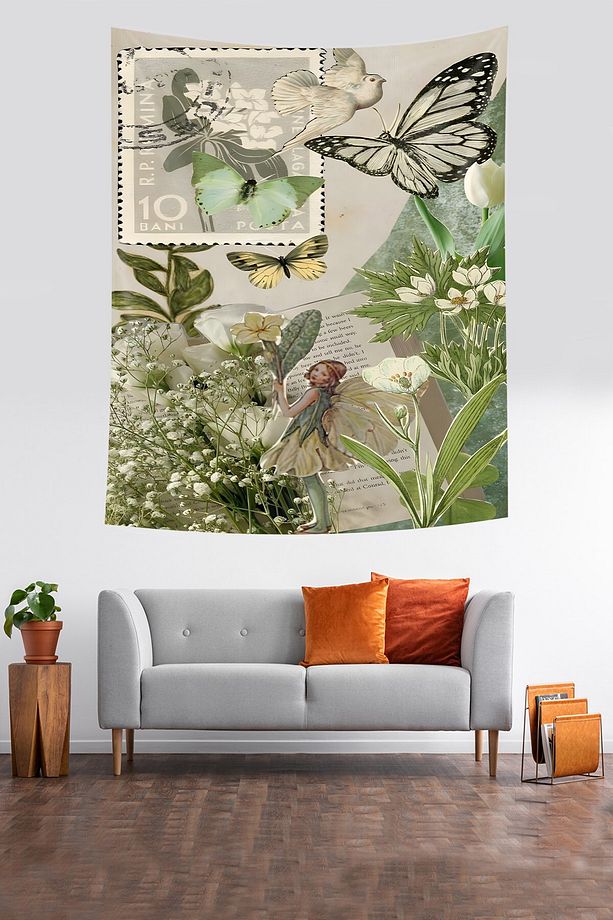 Vintage Tema  Kelebek Çiçek Desenli Leke Tutmaz Kumaş Duvar Örtüsü Duvar Halısı Tapestry - 2