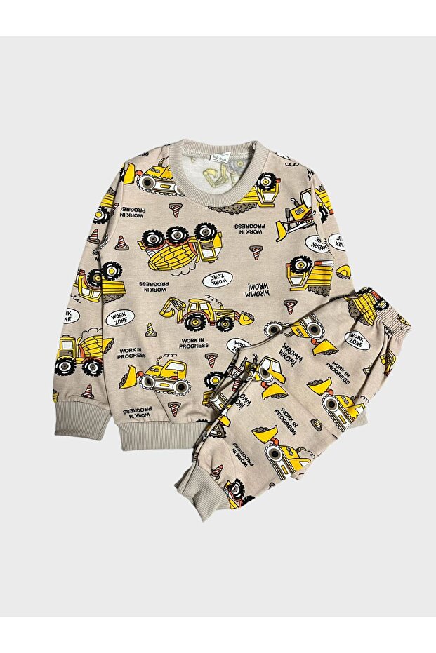 Boy's Cotton Raised Brown Construction Machine Print Long Sleeve Winter Pajamas Set