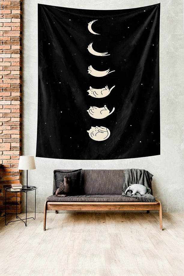 Ay Fazı Şeklinde Sevimli Kedi Leke Tutmaz Kumaş Duvar Örtüsü Duvar Halısı Tapestry - 1