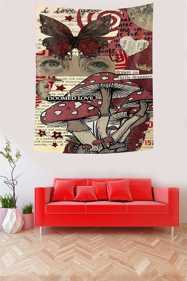 Doomed Love Bordo Mantar Desenli Leke Tutmaz Kumaş Duvar Örtüsü Duvar Halısı Tapestry - 2