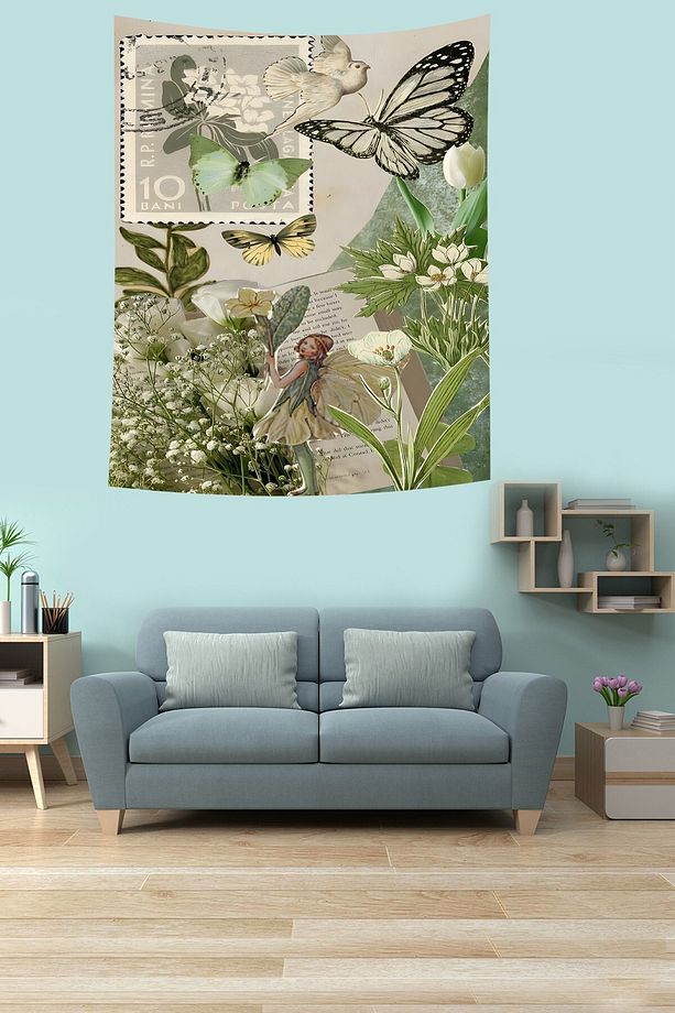 Vintage Tema  Kelebek Çiçek Desenli Leke Tutmaz Kumaş Duvar Örtüsü Duvar Halısı Tapestry - 1