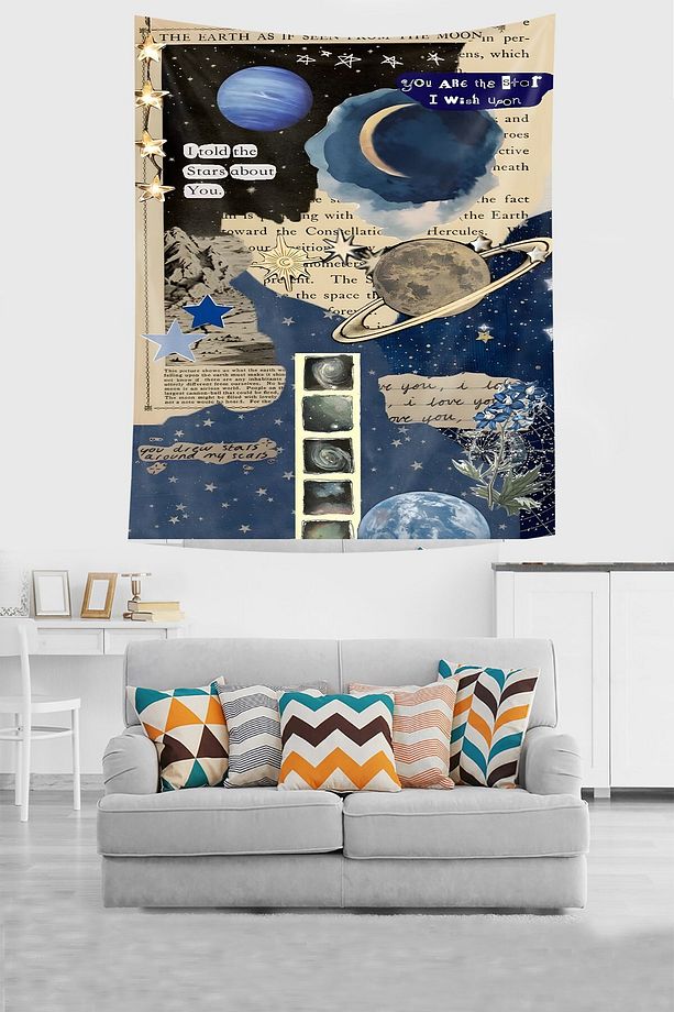 Astronomi Temalı Ay Gezegen Desenli Leke Tutmaz Kumaş Duvar Örtüsü Duvar Halısı Tapestry - 1