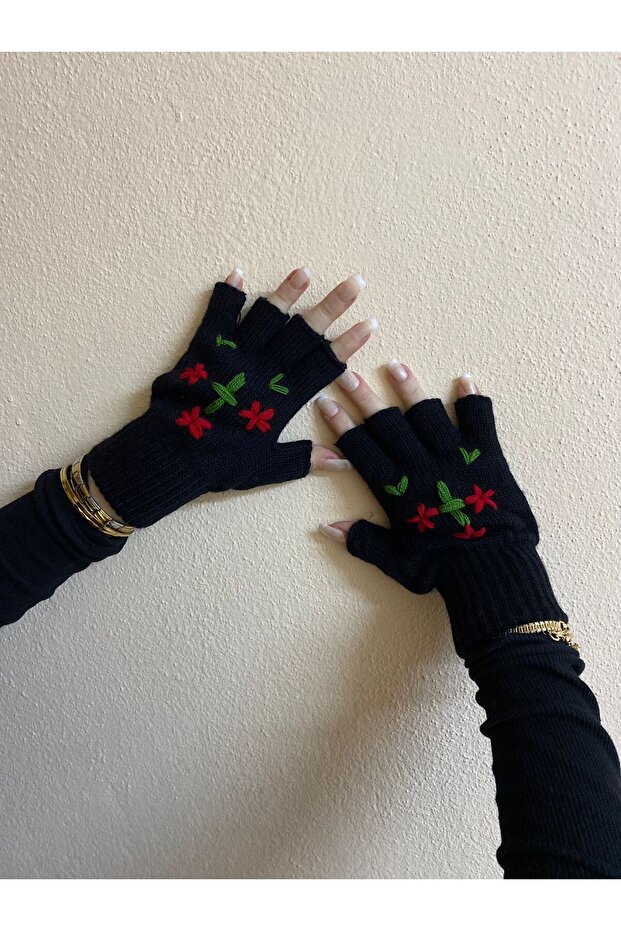 Black Handmade Red Flower Embroidered Cut Fingers Gloves - Design Fingerless Gloves - Gift