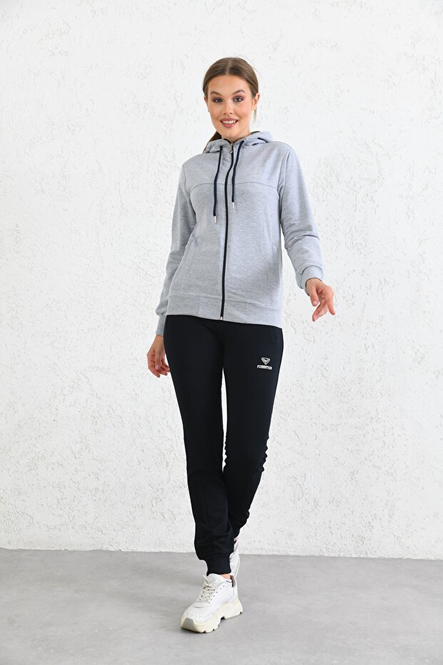 Gray Hooded Zippered Combed Fabric Tracksuit Set