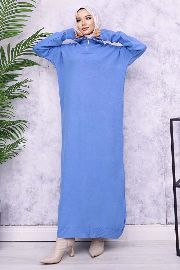 4008 Zippered Collar Knitwear Dress Blue