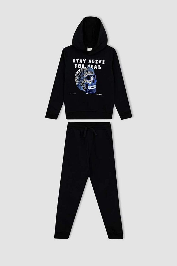 Erkek Çocuk Kapüşonlu Baskılı Sweatshirt Eşofman Altı 2'li Takım BLACK - 3