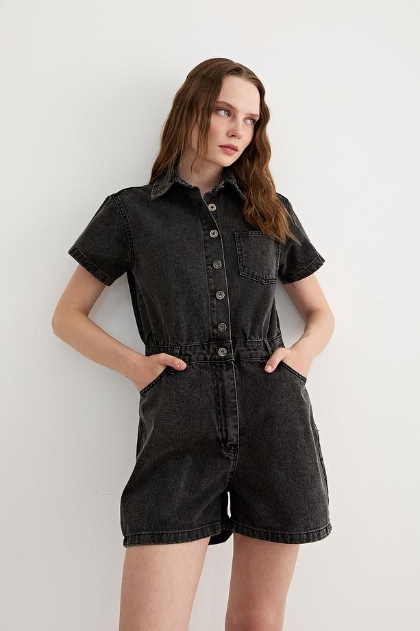Kısa Kollu Düğmeli Şort Tulum BLACK - 2