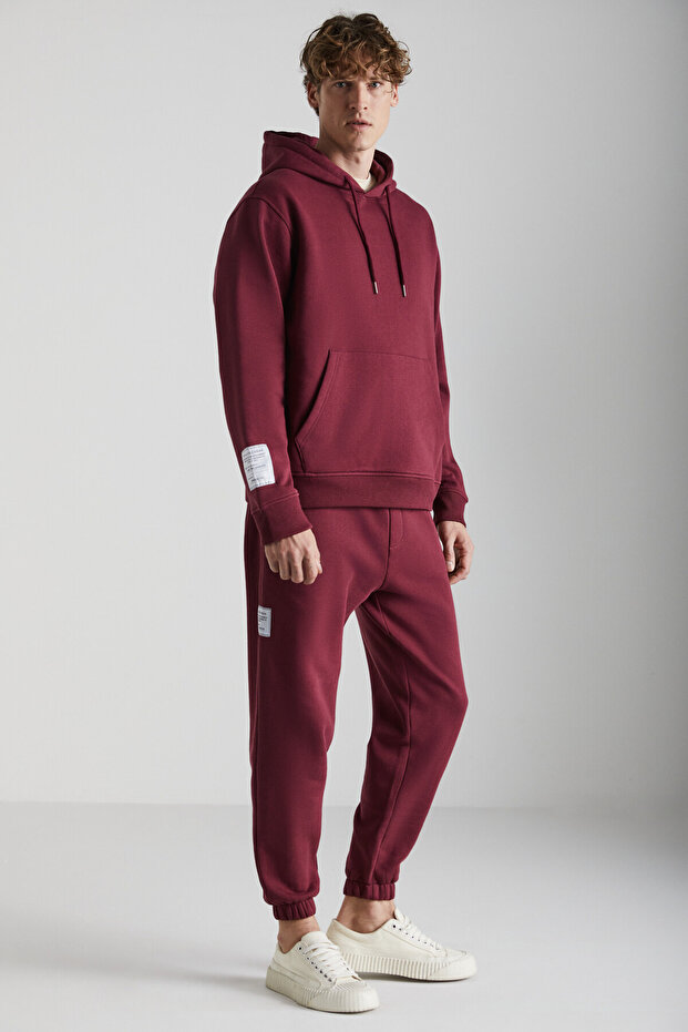 Ashbourne Men's Oversize Kangaroo Pocket Sleeve Label Detailed Organic Cotton Claret Red Tracksuit Set