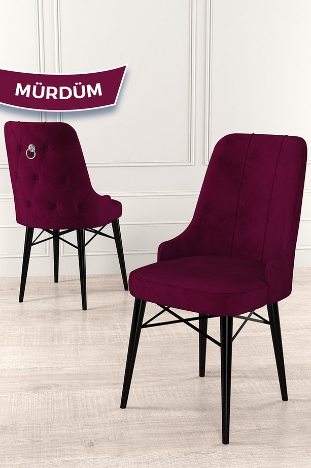 Taç Serisi Açılabilir Mutfak Masası Takımı 80x132 Siyah Mermer Desen Masa 6 Mürdüm Sandalye - 6