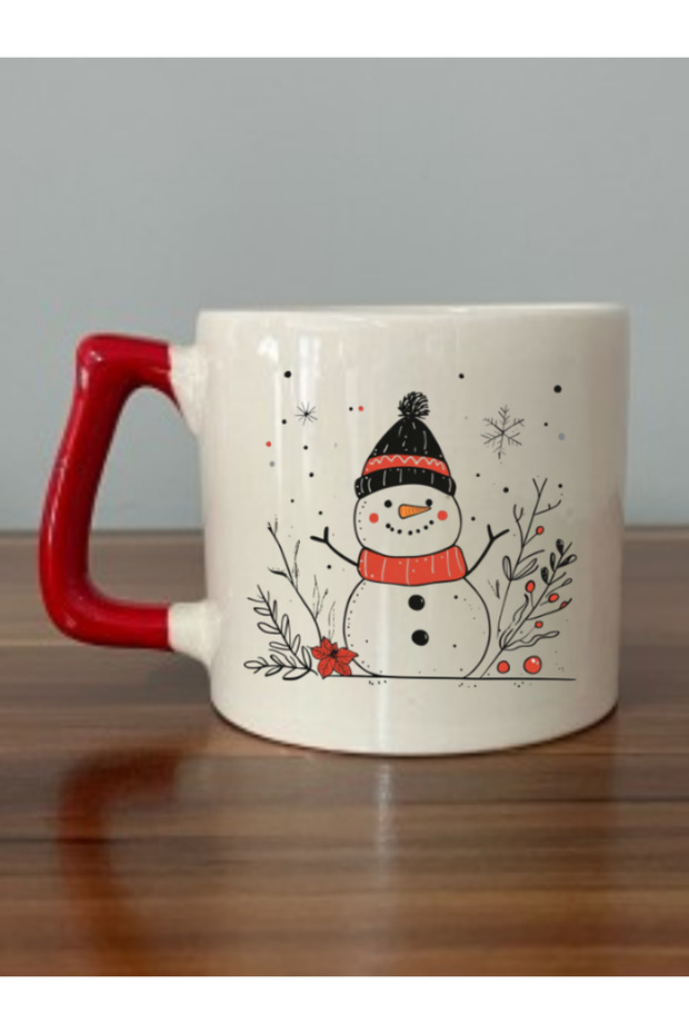 Snowman Printed Red Handled Mug Cup Christmas New Year Gift