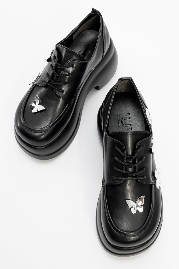 Vaness Czarne skórzane sznurowane buty damskie na koturnie z klamrą motylkową - 2