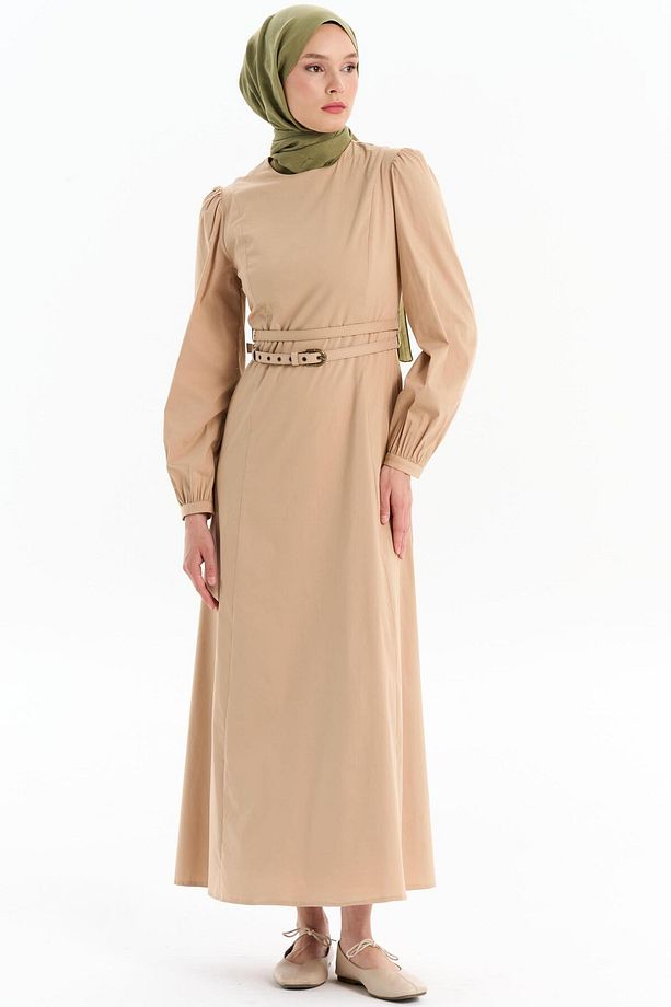 Çift Kat Kemerli Elbise - Camel - 2