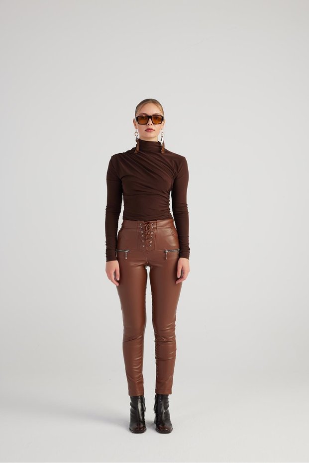 Vegan Leather Eyelet Detailed Lycra Gina Leather Trousers Brown
