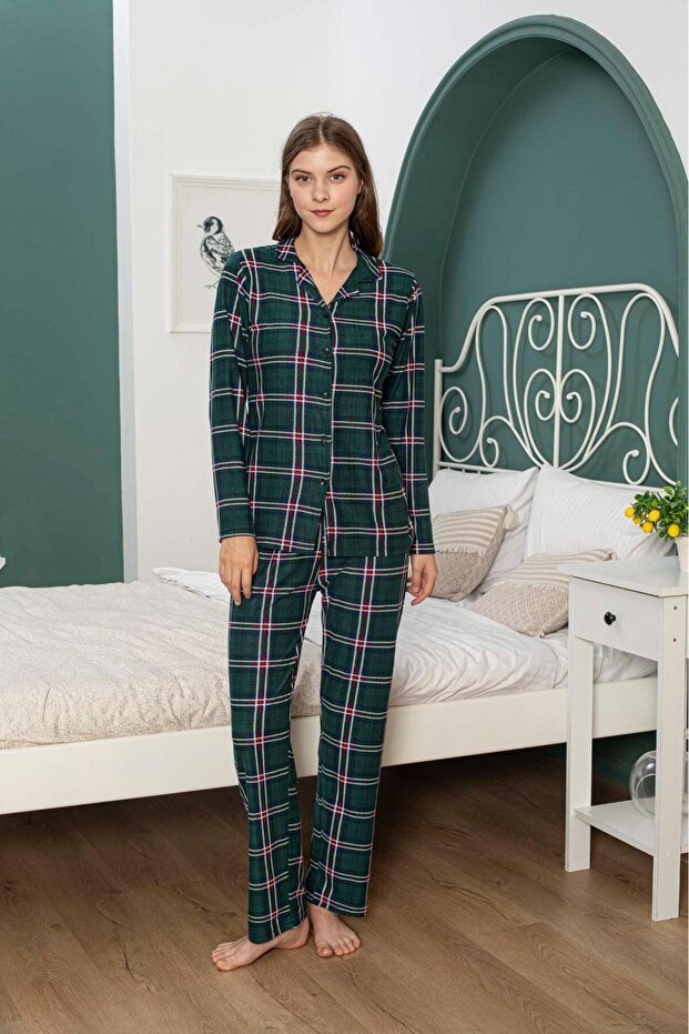 Süet Kumaş Düğmeli Pijama Takımı Kadın Pijama Takım - 1