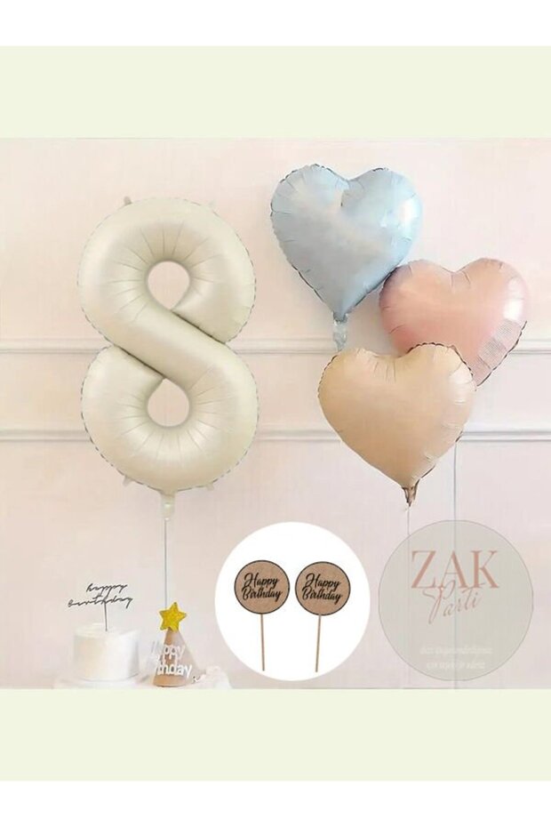 Cream Number Foil Balloon Retro Blue Pink Satin Heart Foil Balloon Birthday Balloon Set-8 Years Old