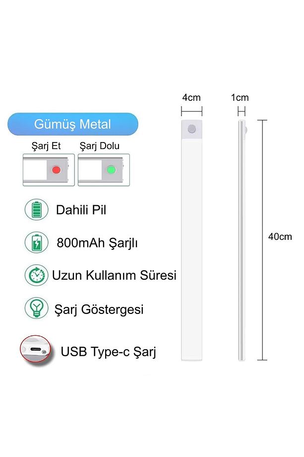 40cm Sensörlü Alüminyum USB Şarjlı LED Gece Lambası 3 Renk Kısılabilir Mutfak Dolap Tezgah - 8