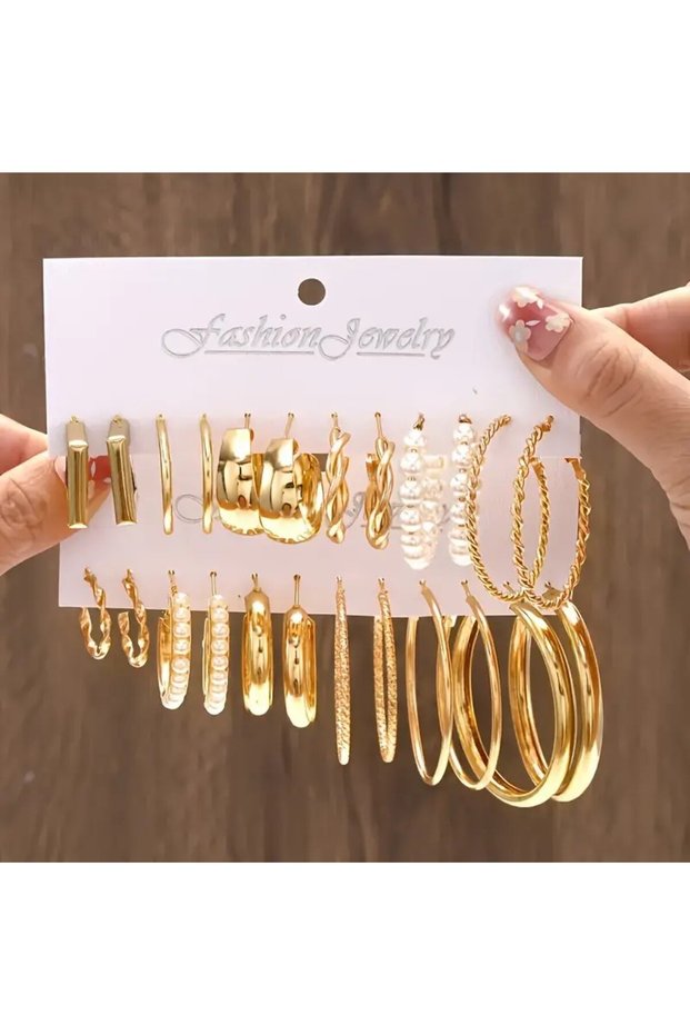12 Pairs of Earrings - Clip-On Hoop and Mix Set with Multiple Pearls - Women's Earrings