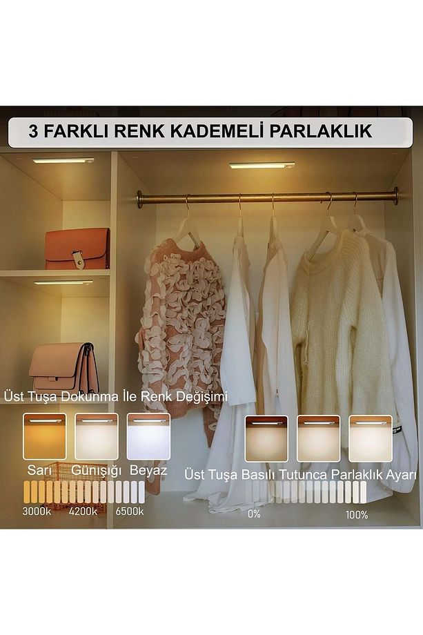 40cm Sensörlü Alüminyum USB Şarjlı LED Gece Lambası 3 Renk Kısılabilir Mutfak Dolap Tezgah - 3