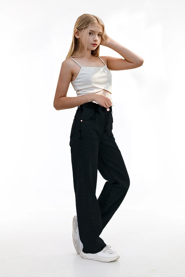 Girls' 100% Cotton Wide Leg Waist Elastic Wide Leg Jeans Jean Pants