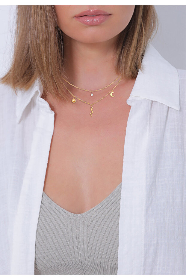 Dámský náhrdelník s přívěskem Slunce a Měsíc s hadem a měsíčním kamenem ze stříbra 925, pozlacený - 6
