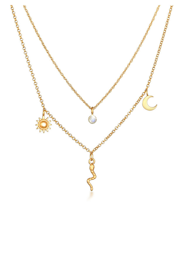 Dámský náhrdelník s přívěskem Slunce a Měsíc s hadem a měsíčním kamenem ze stříbra 925, pozlacený - 1
