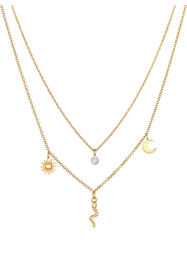 Dámský náhrdelník s přívěskem Slunce a Měsíc s hadem a měsíčním kamenem ze stříbra 925, pozlacený - 2