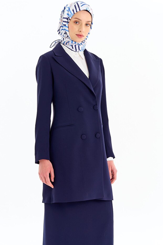 Kruvaze Düğmeli Uzun Basic Ceket - Lacivert - 5