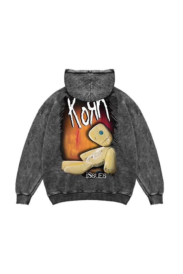 Washed Black Korn Printed Oversize Unisex Hoodie