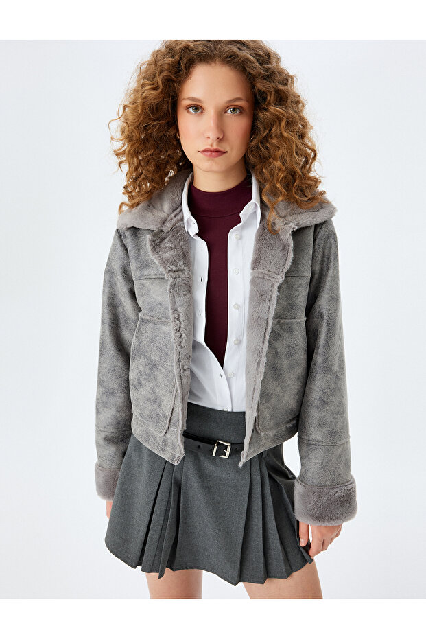 Classic Collar Leather Look Jacket with Buttoned Faux Fur Inside