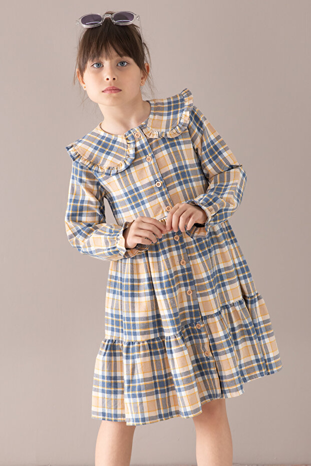 Navy Blue Plaid Print Buttoned Long Sleeve Girl's Dress 19807