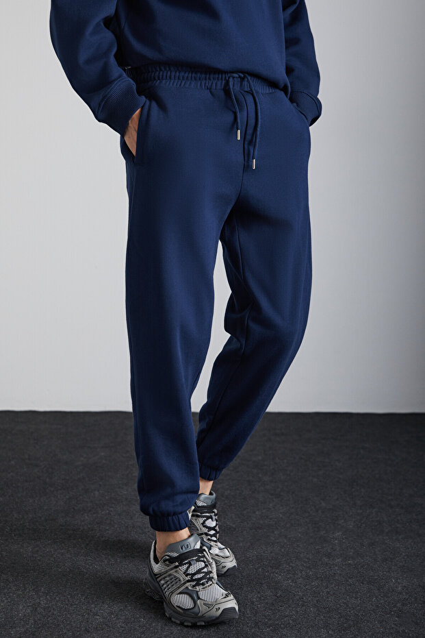 Kyoto Men's Organic Cotton Fleece Inside Wide Cut Elastic Leg Jogger Navy Blue Sweatpants